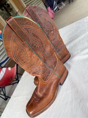 Anderson Bean Brown Leather Western Cowboy Boots with Turquoise Piping